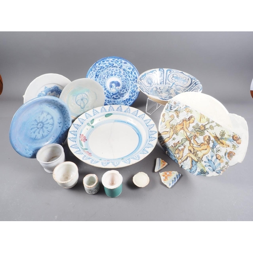 25 - A collection of early delft and tin glazed wares for restoration and research including Majolica Lam... 