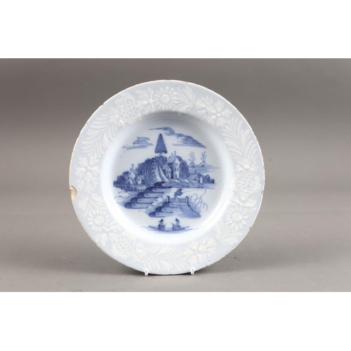 26 - An 18th century Bristol delft bianca-sopra-bianca plate with landscape centre, 9