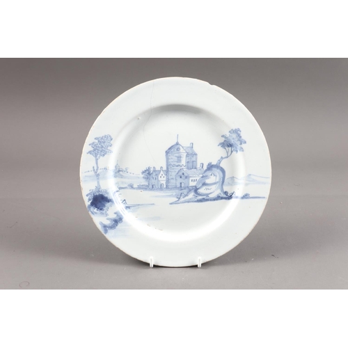 30 - An 18th century Liverpool? delft plate with landscape decoration, 9