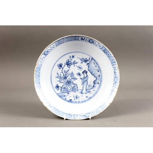 32 - An 18th century Bristol? delft shallow bowl with Chinese figure decoration, 10