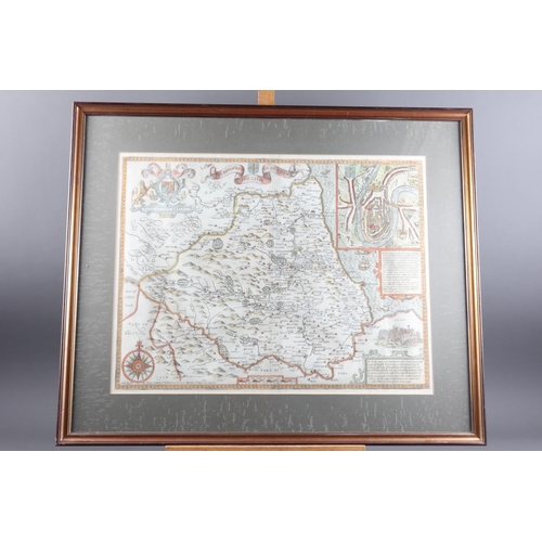 374 - John Speed: a 17th century hand-coloured map of Durham, in double sided glass mount