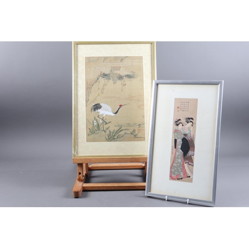 393 - A Chinese watercolour, stork in landscape, and a Japanese woodblock print, two Geisha 