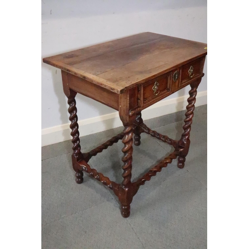 430 - An early 18th century yew side table, fitted one drawer with brass shaped drop handle, on bobbin tur... 