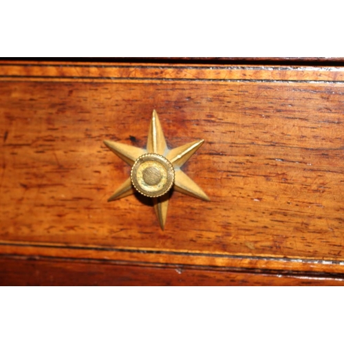 446 - A Regency rosewood and mahogany banded sofa table, fitted two drawers with brass star handles, on sp... 