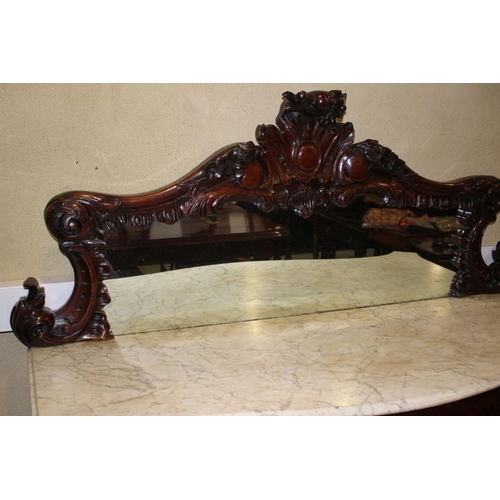 451 - A 19th century carved rosewood serpentine front marble top sideboard, with raised mirror back over f... 