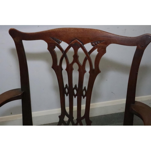 461 - A mahogany carver chair of Chippendale design with Gothic pierced splat and drop-in seat, on chamfer... 