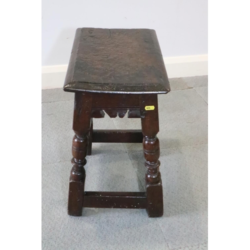 467 - A late 17th century oak joint stool, on turned and stretchered supports, seat underside stamped W P ... 