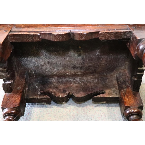 467 - A late 17th century oak joint stool, on turned and stretchered supports, seat underside stamped W P ... 