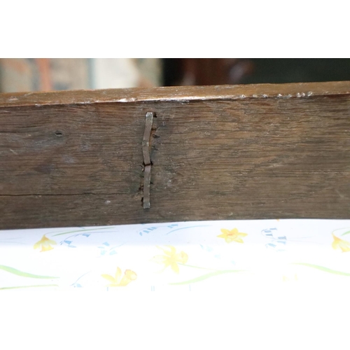 475 - An 18th century oak side table, fitted one drawer with brass drop handles, on bobbin turned and stre... 