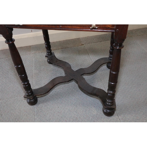 482 - A William and Mary oak side table, fitted one drawer with brass axe-head handles, on turned supports... 