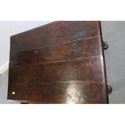 482 - A William and Mary oak side table, fitted one drawer with brass axe-head handles, on turned supports... 