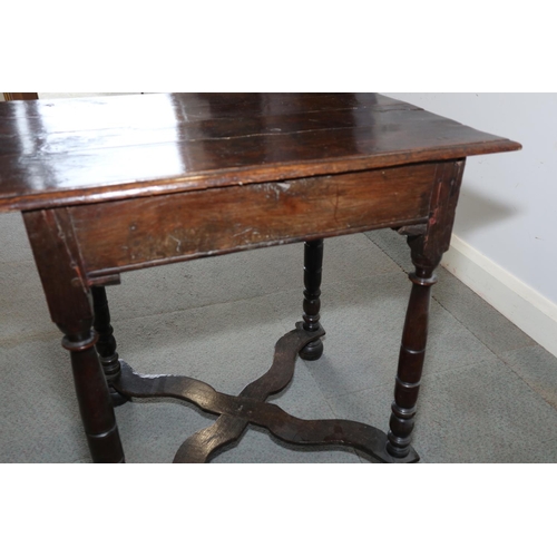 482 - A William and Mary oak side table, fitted one drawer with brass axe-head handles, on turned supports... 