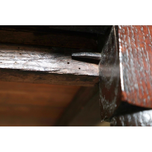 482 - A William and Mary oak side table, fitted one drawer with brass axe-head handles, on turned supports... 