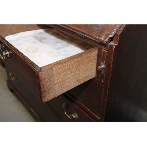 489 - A late 18th century oak fall front bureau with fitted interior over two short and three long graduat... 