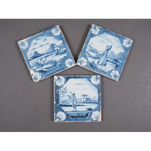 49 - Three early 18th century Lambeth? delft blue and white tiles with figures in landscapes (Archer N77-... 