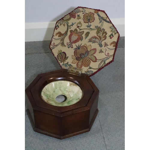 495 - A Victorian walnut octagonal spittoon/stool with near contemporary ceramic liner and jacquard woven ... 