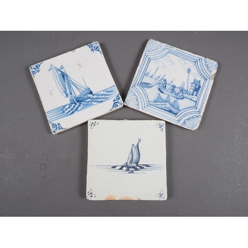 50 - An early 18th century London delft blue and white tile with fishing boat and two 18th century delft ... 