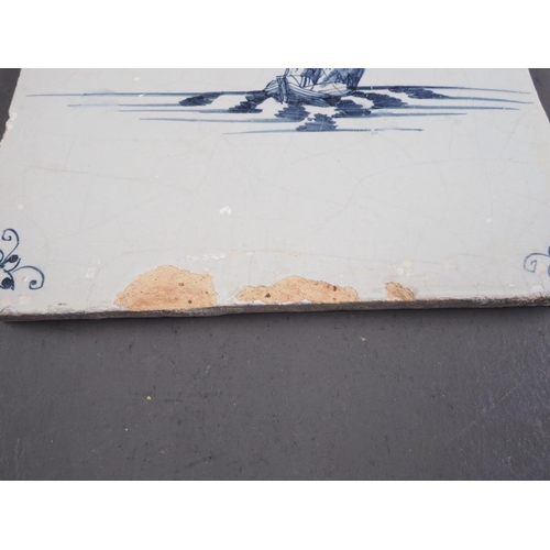 50 - An early 18th century London delft blue and white tile with fishing boat and two 18th century delft ... 