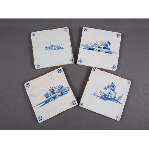 51 - Three early 18th century Liverpool blue and white landscape tiles and one other landscape tile