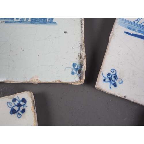 51 - Three early 18th century Liverpool blue and white landscape tiles and one other landscape tile