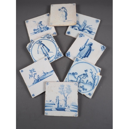 55 - Five late 17th century Delft blue and white tiles with figures