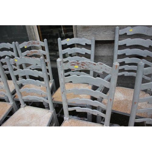 558 - A set of ten grey painted ladder back and rush seated dining chairs (8+2)