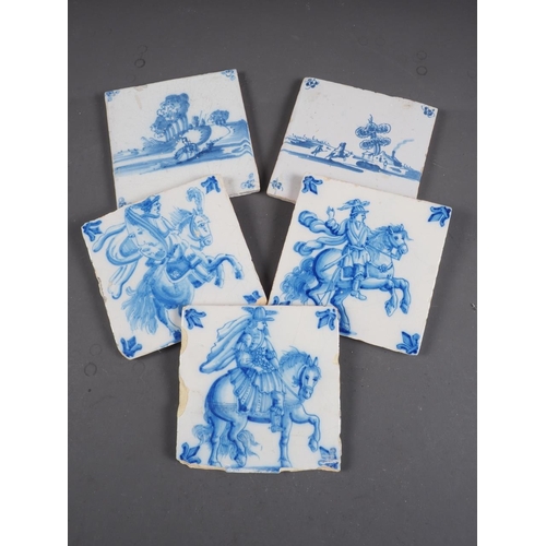 56 - Three late 17th century Delft blue and white tiles, horsemen, and two landscape tiles with horses an... 