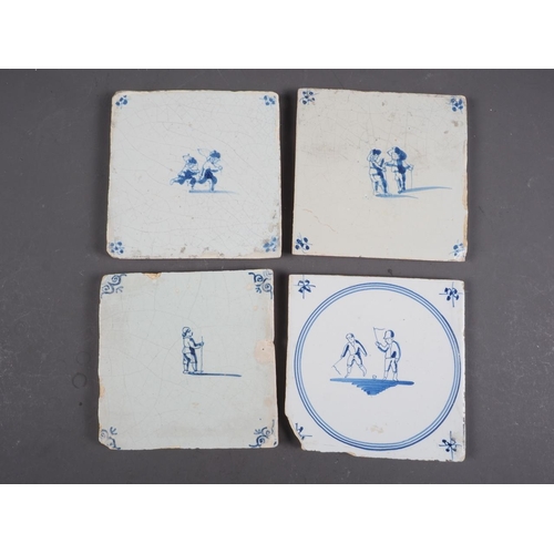 57 - Four 18th century Delft blue and white tiles, children