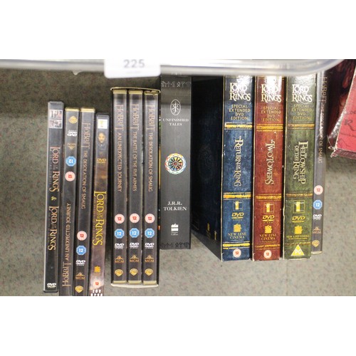 225 - A quantity of Lord of the Rings and The Hobbit DVD sets and J R R Tolkien books, various