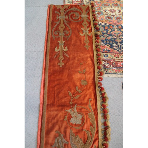 253 - An early 20th century half tester hanging of 17th century design in red plush with metal thread embr... 