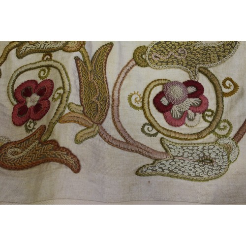 249 - A linen and 17th century wool crewel work bedspread, 81