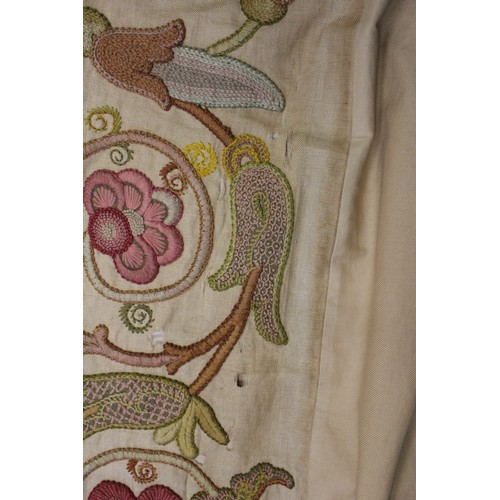 249 - A linen and 17th century wool crewel work bedspread, 81