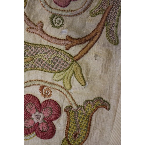 249 - A linen and 17th century wool crewel work bedspread, 81