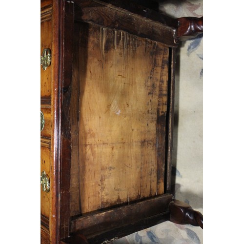 430 - An early 18th century yew side table, fitted one drawer with brass shaped drop handle, on bobbin tur... 