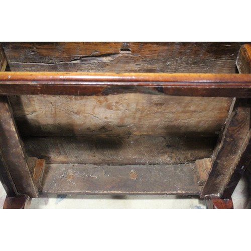 430 - An early 18th century yew side table, fitted one drawer with brass shaped drop handle, on bobbin tur... 