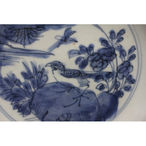 102 - A Chinese blue and white export octagonal plate with peony and bird decoration, 8 3/4