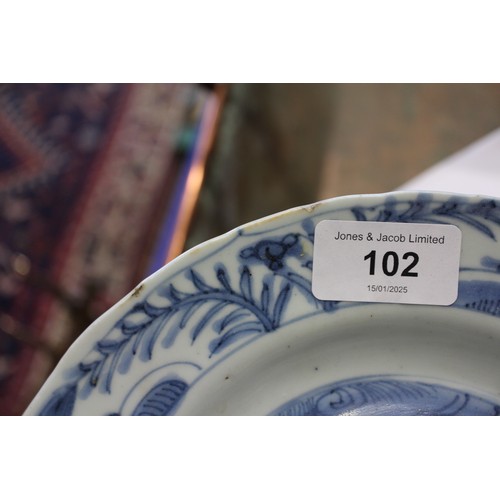 102 - A Chinese blue and white export octagonal plate with peony and bird decoration, 8 3/4