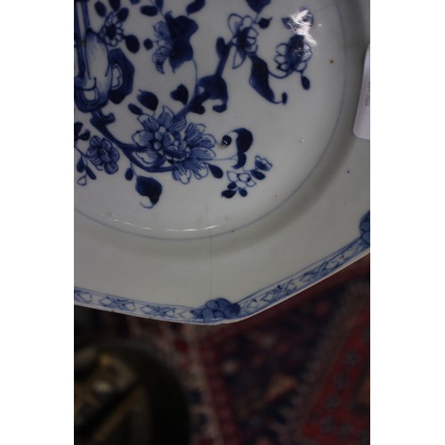 102 - A Chinese blue and white export octagonal plate with peony and bird decoration, 8 3/4