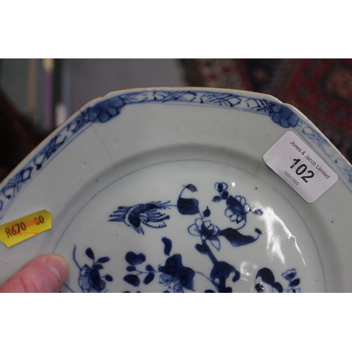 102 - A Chinese blue and white export octagonal plate with peony and bird decoration, 8 3/4