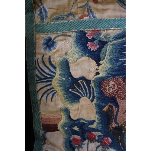 252 - A circa 1700 crewel work fragmentary landscape panel with additional end panels and later fringe, 19... 