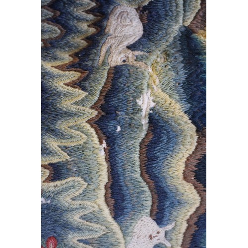 252 - A circa 1700 crewel work fragmentary landscape panel with additional end panels and later fringe, 19... 