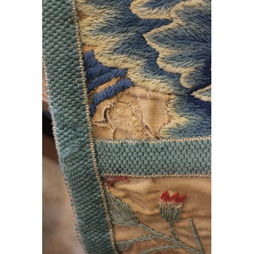 252 - A circa 1700 crewel work fragmentary landscape panel with additional end panels and later fringe, 19... 