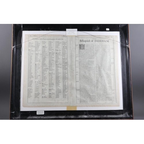 416 - John Speed: a 17th century hand-coloured map of Durham, in double sided glass mount