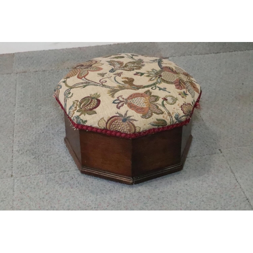 538 - A Victorian walnut octagonal spittoon/stool with near contemporary ceramic liner and jacquard woven ... 