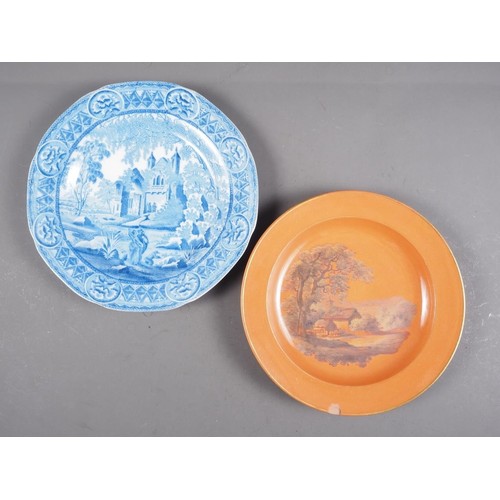 17 - A 19th century Davenport blue and white Gothic Ruins and Fisherman plate, 9 3/4