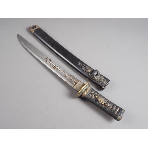 182 - A 19th century Japanese Tanto short sword, blade with engraved dragon on one side and a cherry bloss... 