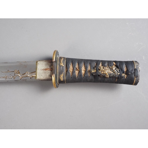 182 - A 19th century Japanese Tanto short sword, blade with engraved dragon on one side and a cherry bloss... 