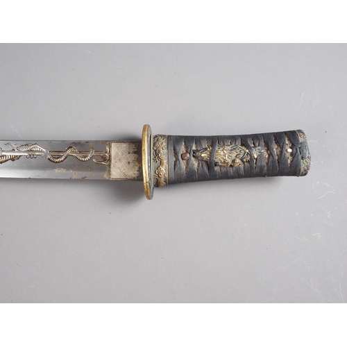 182 - A 19th century Japanese Tanto short sword, blade with engraved dragon on one side and a cherry bloss... 