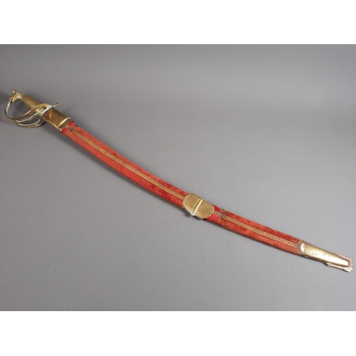 184 - A rapier with engraved blade, pierced brass guard and classical themed handle, 39 1/2” long, and an ... 