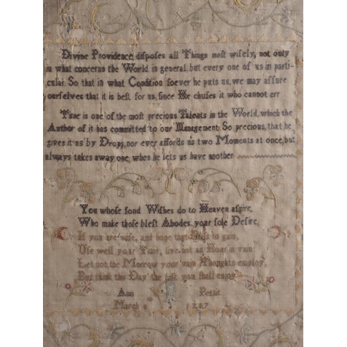 193 - An 18th century verse sampler, worked by Ann Pettit, March 8th 1787, 13